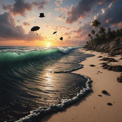 The primary subject of the image is a beautiful beach scene with a large wave crashing onto the shore. The sun is setting in the background, casting a warm glow over the scene. The visual style of the image is a combination of photo and digital art, creating a realistic yet artistic representation of the beach. The colors and mood of the image are predominantly warm and inviting, with the sunset adding a sense of tranquility and serenity to the scene.
